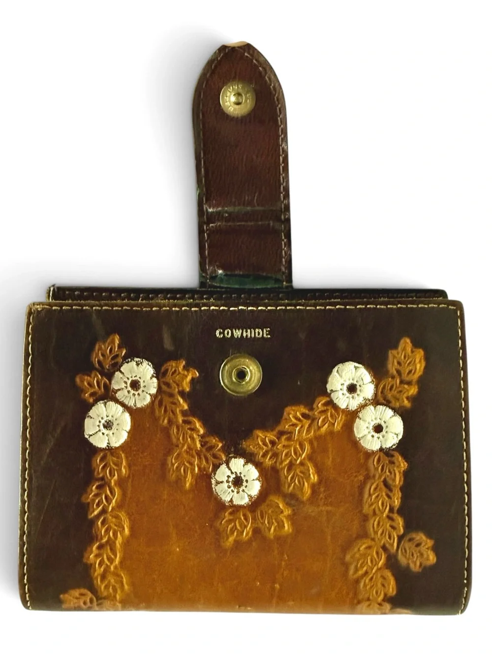 Vintage Baronet Tooled Leather Floral Cowhide Wallet Brown Western Boho Bifold